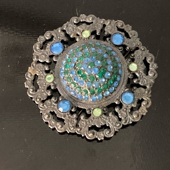 VINTAGE STYLE Black  Round Brooch with Rhinestones - Picture 2 of 7